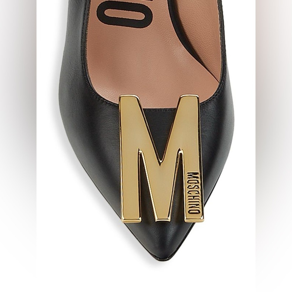 MOSCHINO Couture Gold Logo Black Leather Slingback Pumps Sz. 39 NEW! - Picture 4 of 9